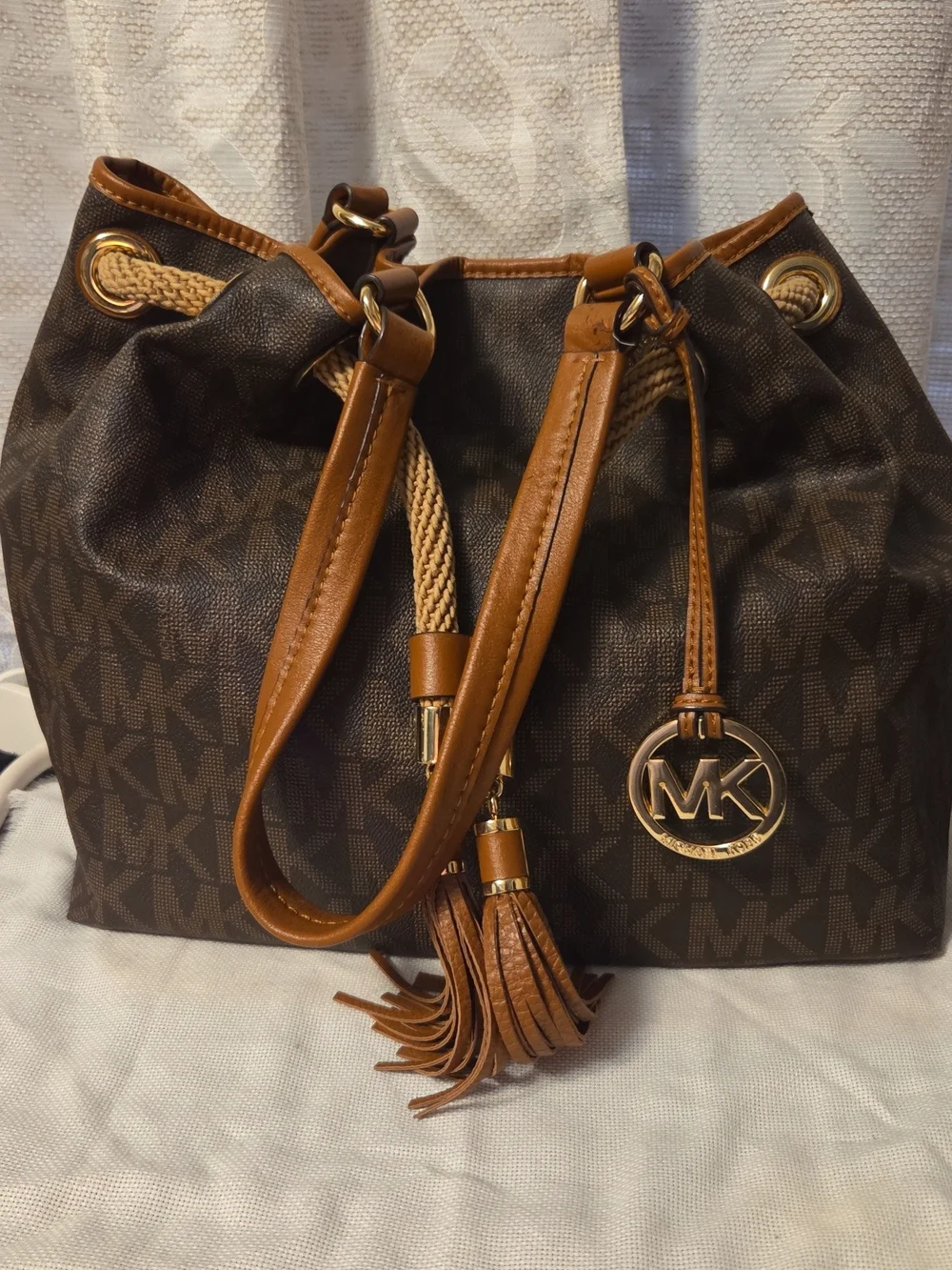Michael Kors Brown MK Monogram Drawstring Tote